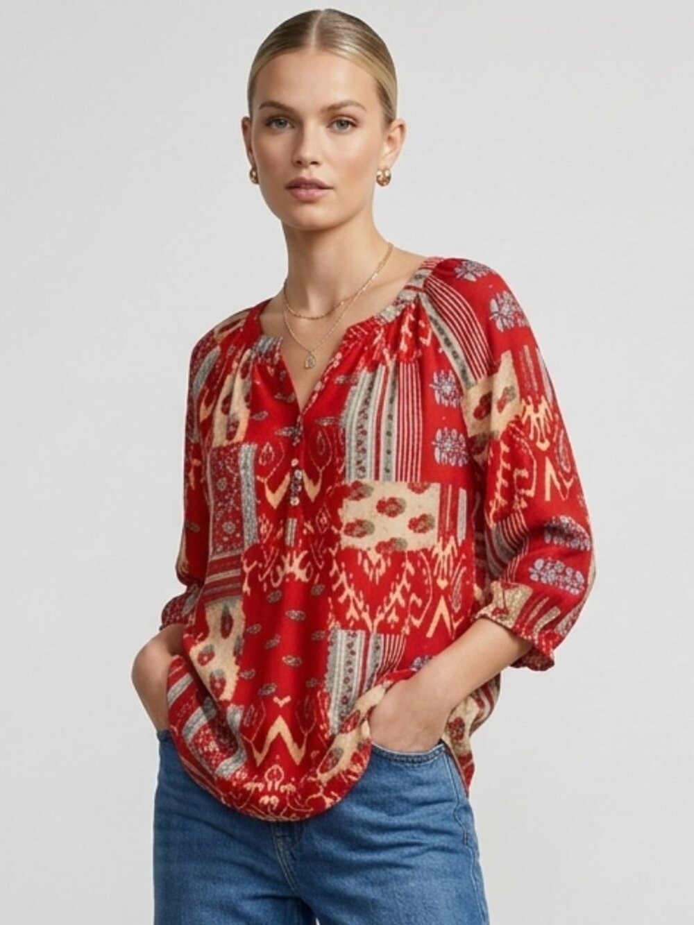 Chaps Patchwork Peasant Blouse